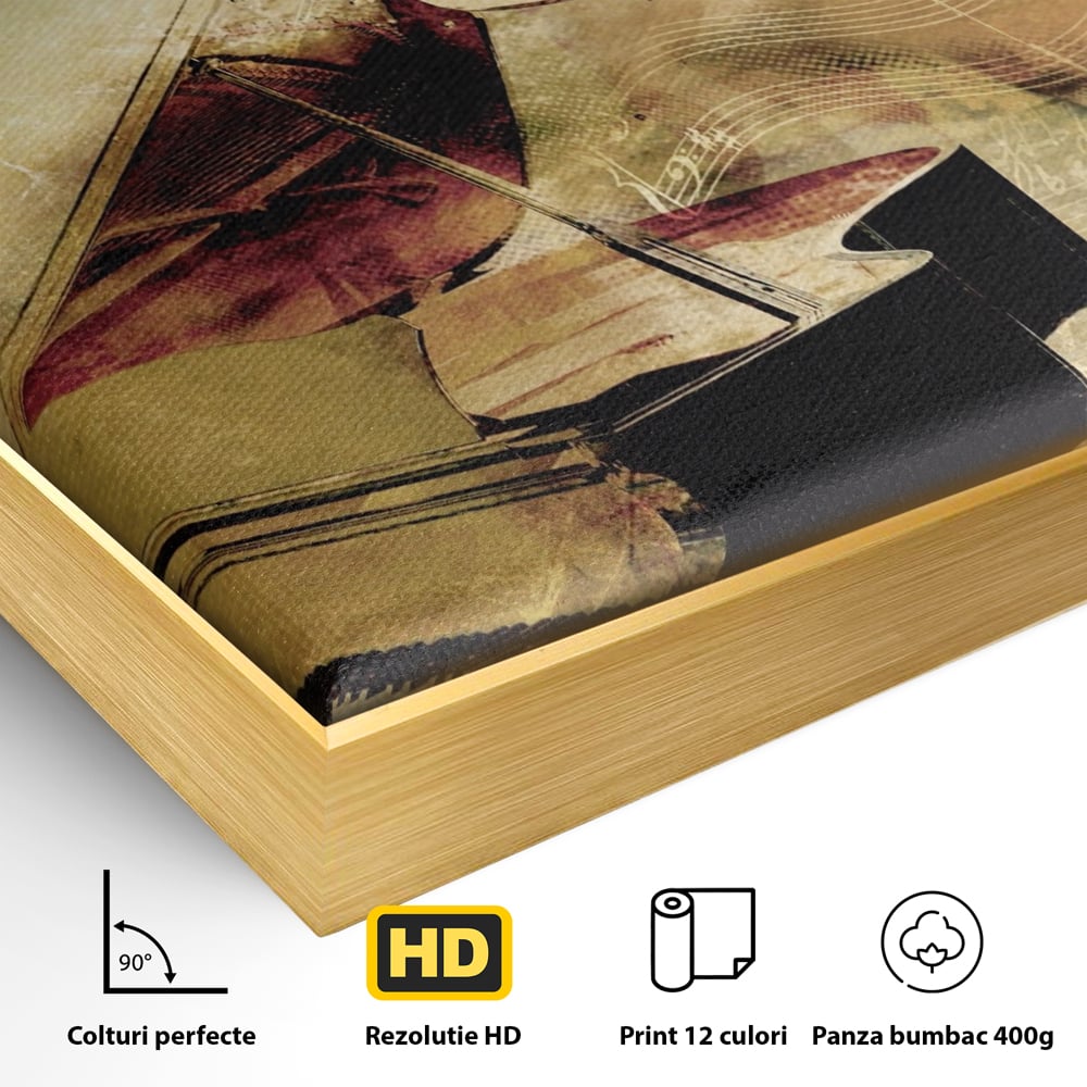 Detaliu al suprafetei: tablou canvas cu pian vechi si note muzicale, in rama de aluminiu auriu
